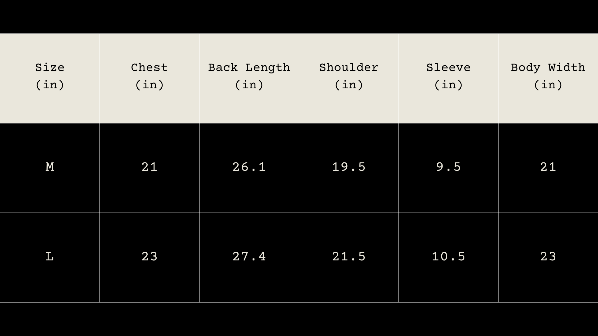 Measurement chart for shirt sizes M and L with dimensions in inches.